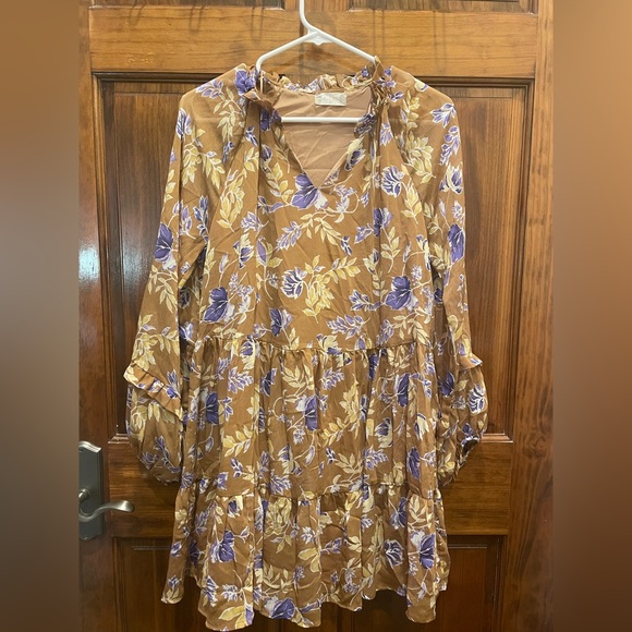 Altar'd State Floral Long Sleeve Dress - Brown and Purple - Picture 1 of 3